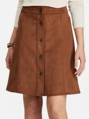 CHAPS Brown Suede Front Button A Line Skirt Western Boho Skirt Size 6